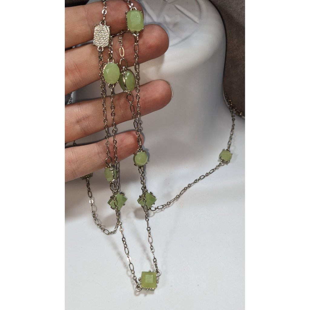 Charming Charlie Silver And Green Gemmed Opera Necklace